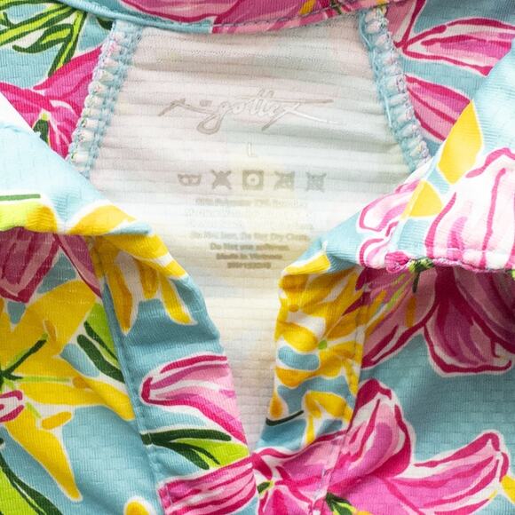 Gottex  Floral Sleeveless Ruffle Golf  Tennis Top Aqua Pink Yellow Women's Large - Picture 4 of 4